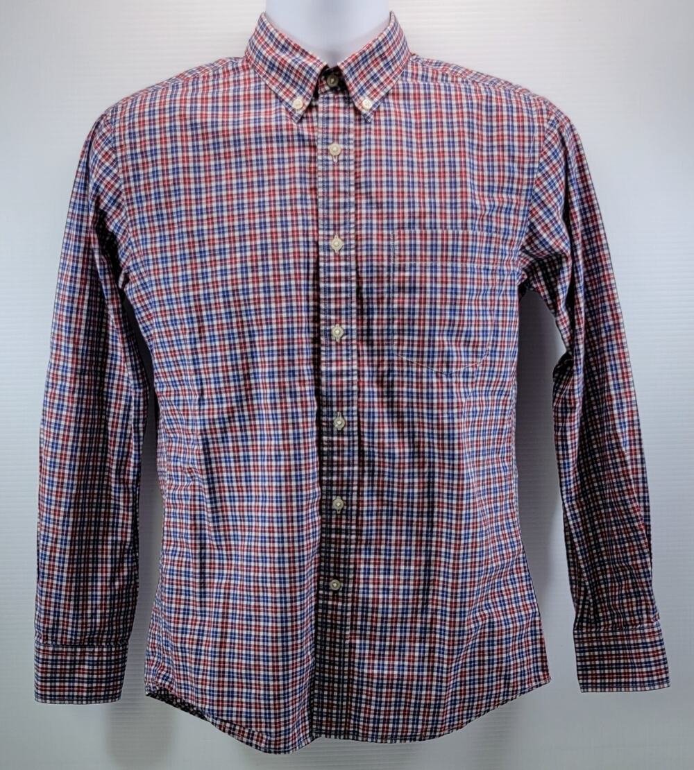 L7) Men's Uniqlo Red White Blue Plaid Button Up Casual Long Sleeve Shirt XS